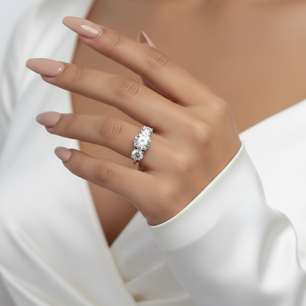 Bague moissanite 4ct - plan serré main robe blanche