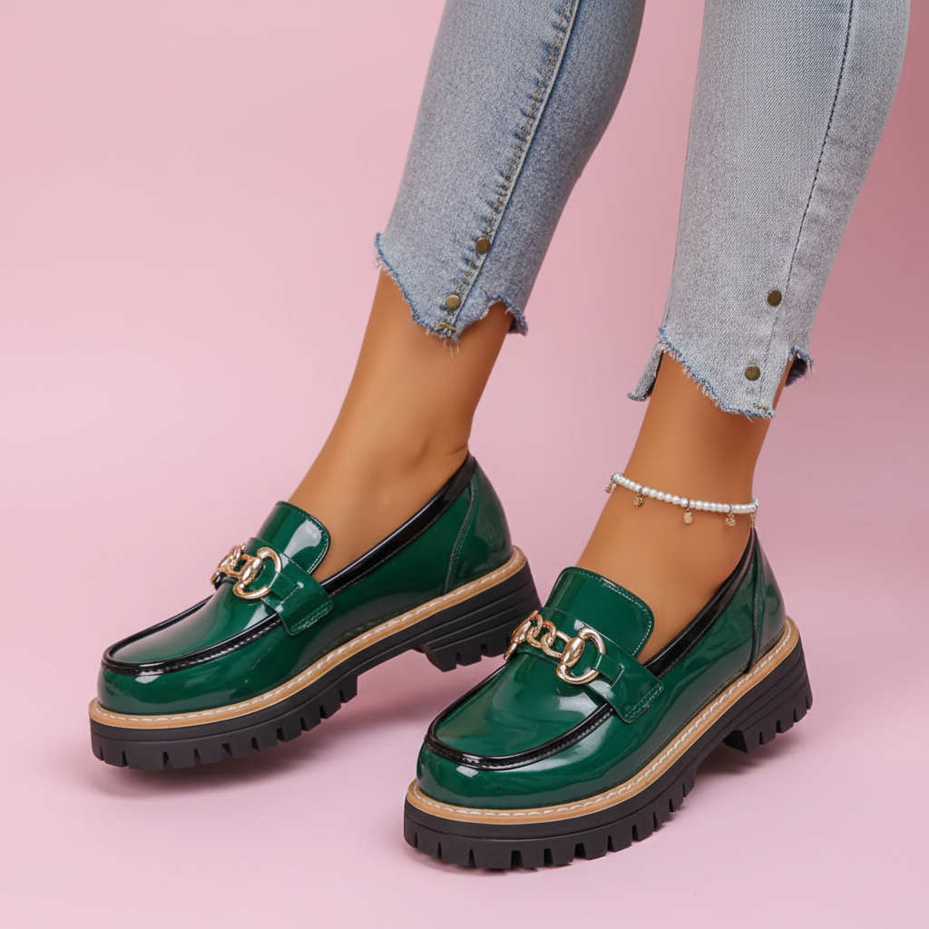 Mocassins vernis verts - fond rose pastel