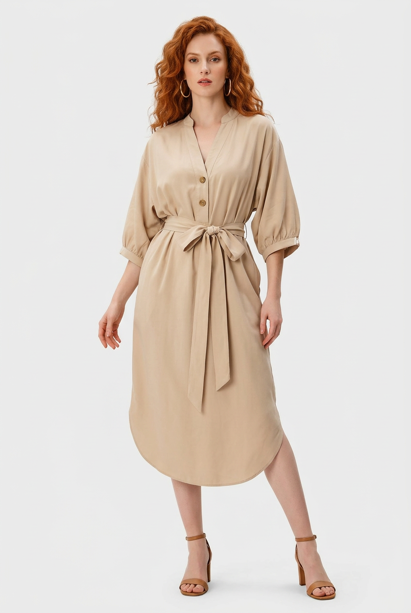Robe Midi Col V Nouée à la Taille Grande Taille