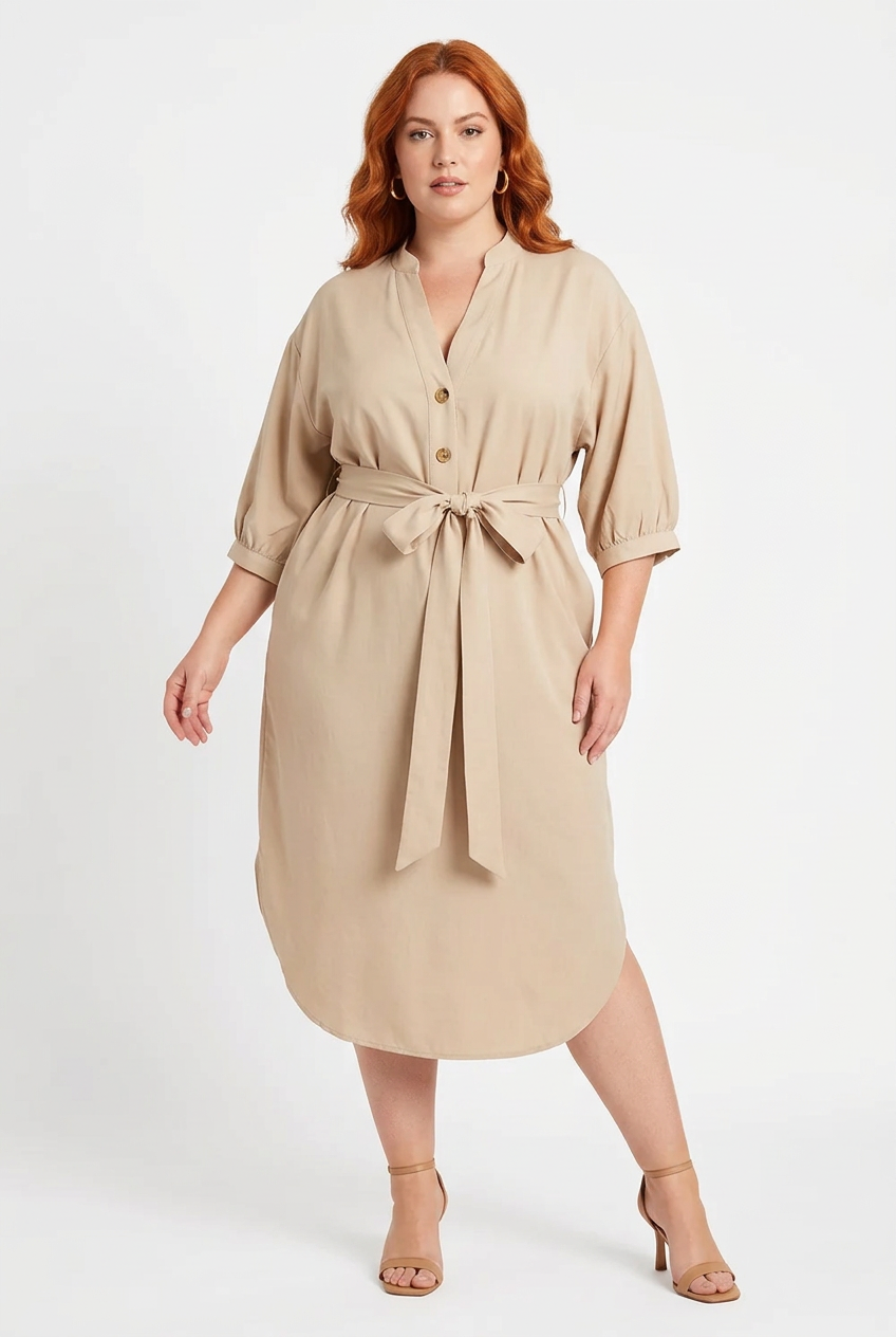 Robe Midi Col V Nouée à la Taille Grande Taille