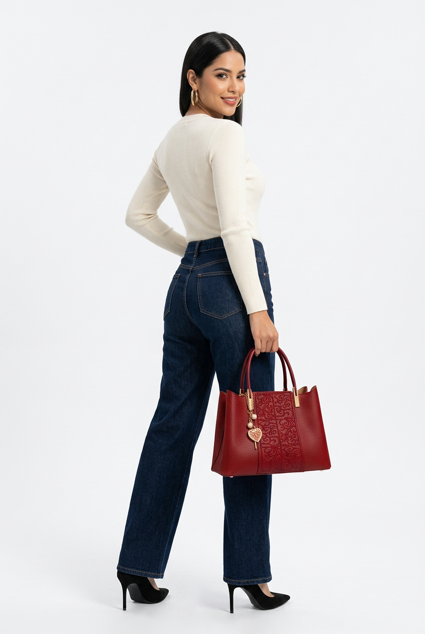 Sac rouge embossé à poignée porté en pose de dos