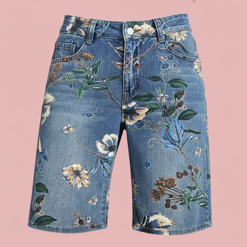 Short floral denim fond rose pastel 2