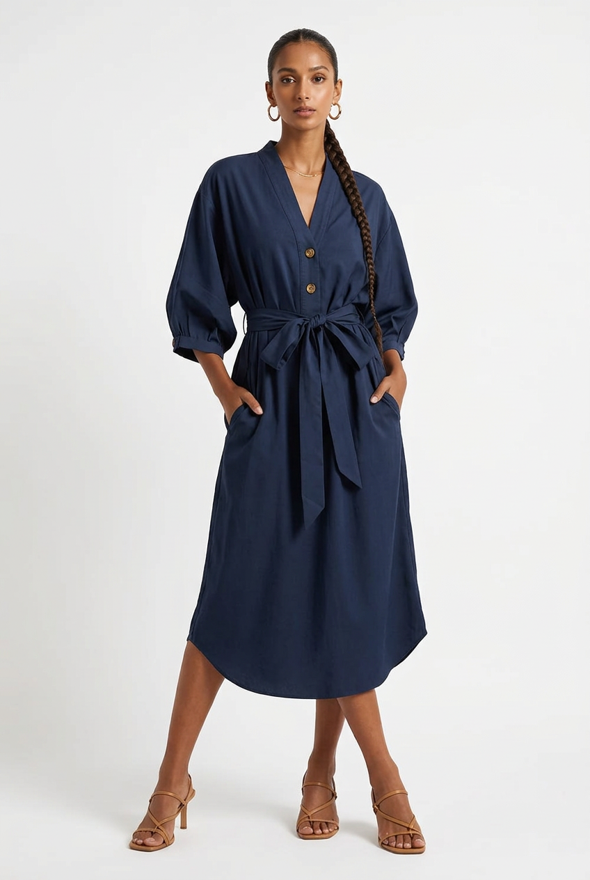 Robe Midi Col V Nouée à la Taille Grande Taille