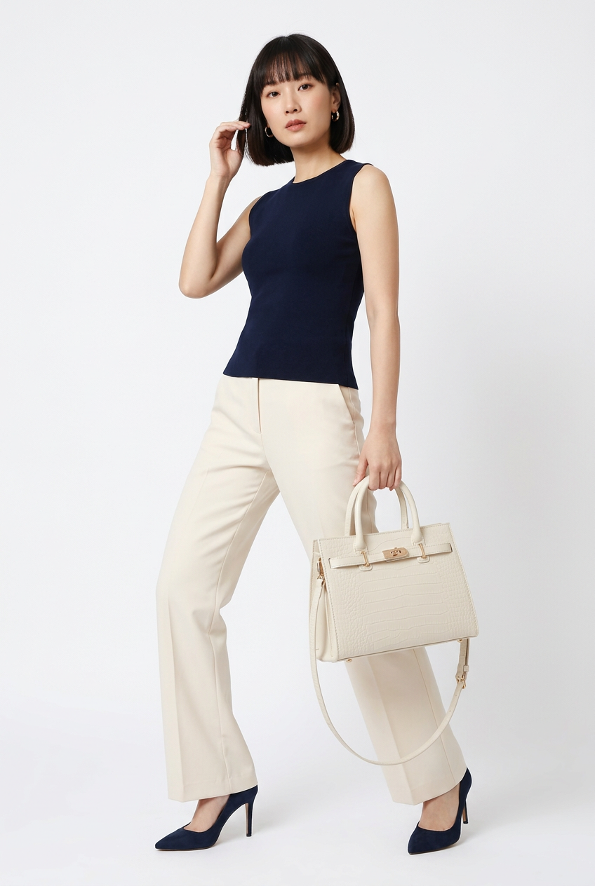 Sac effet croco blanc cassé porté sur mannequin corps entier