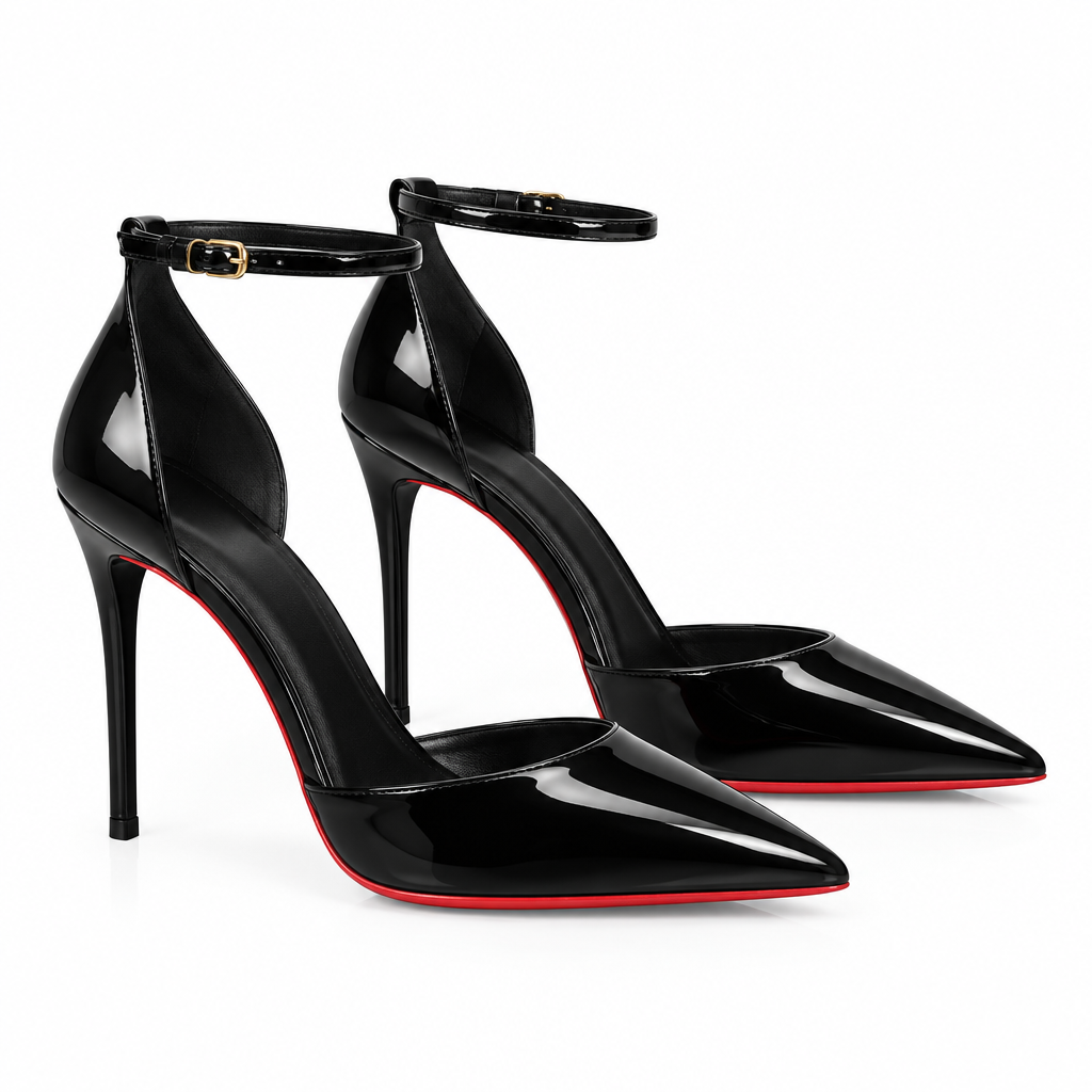 Paire d’escarpins noirs vernis à bout pointu vue en trois quarts