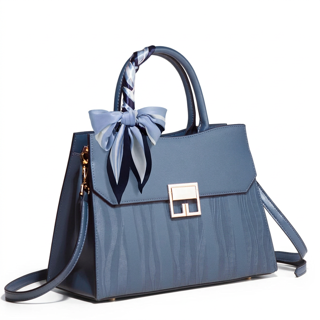 Sac bleu avec foulard décoratif seul en vue de trois-quarts