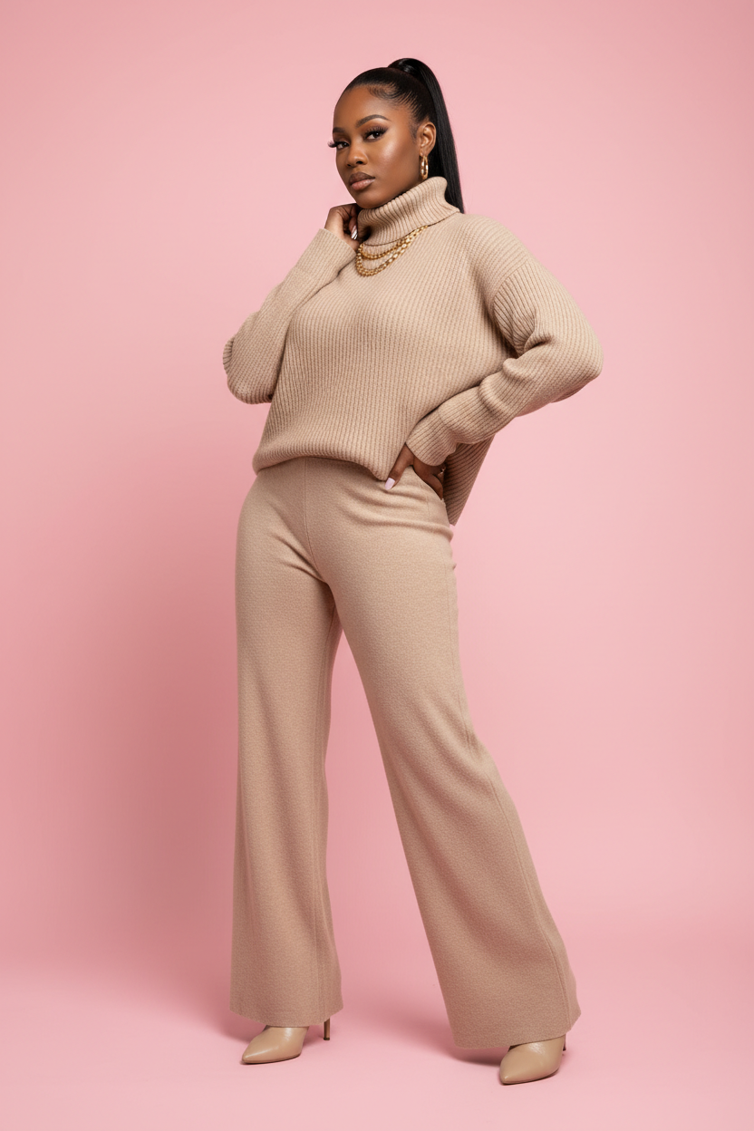 Ensemble pull col roulé manches longues et pantalon beige - vue 3/4
