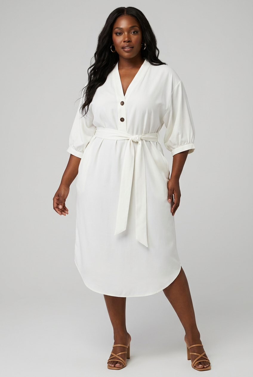 Robe Midi Col V Nouée à la Taille Grande Taille