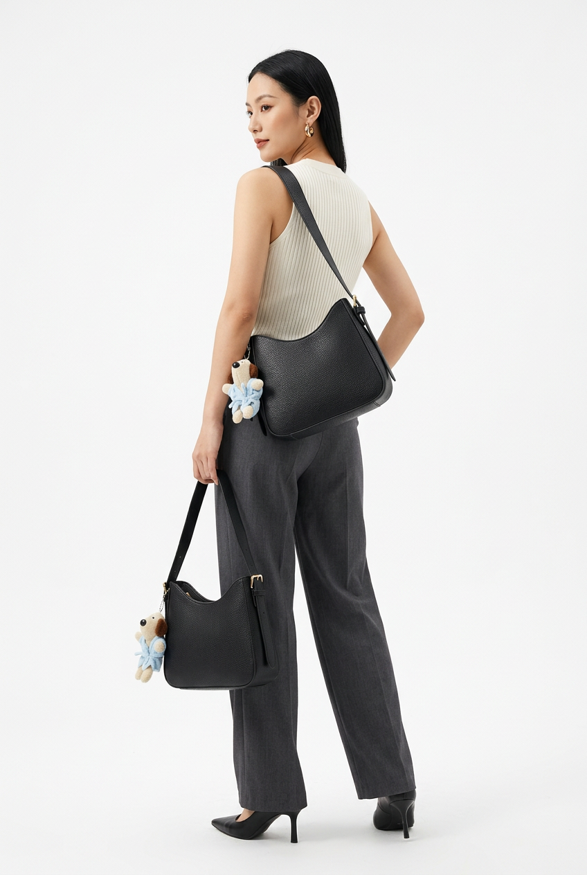 Sac noir porté en pose de dos sur fond studio blanc