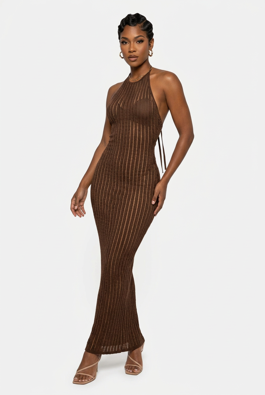 Robe longue chocolat, vue trois-quarts