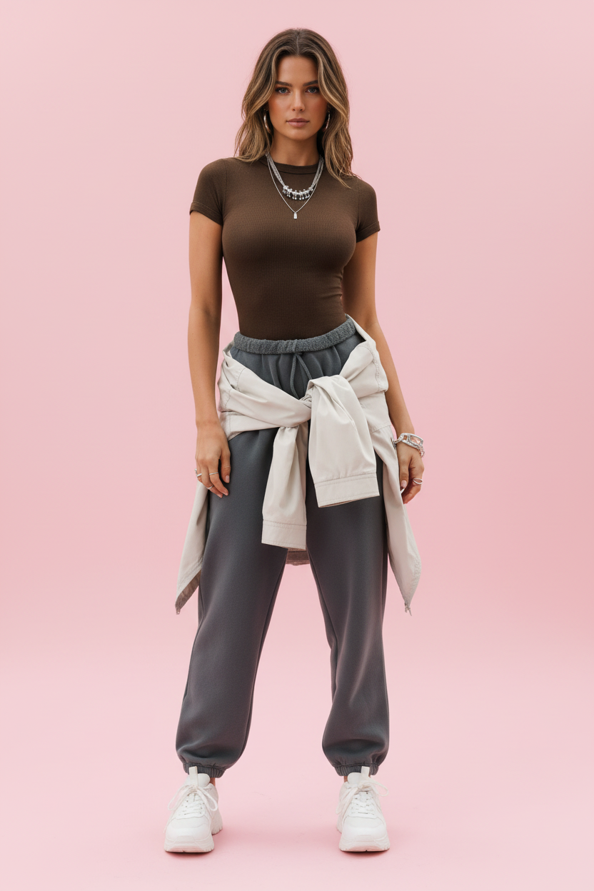Round Neck Fitted T-Shirt - Brown - Face entière