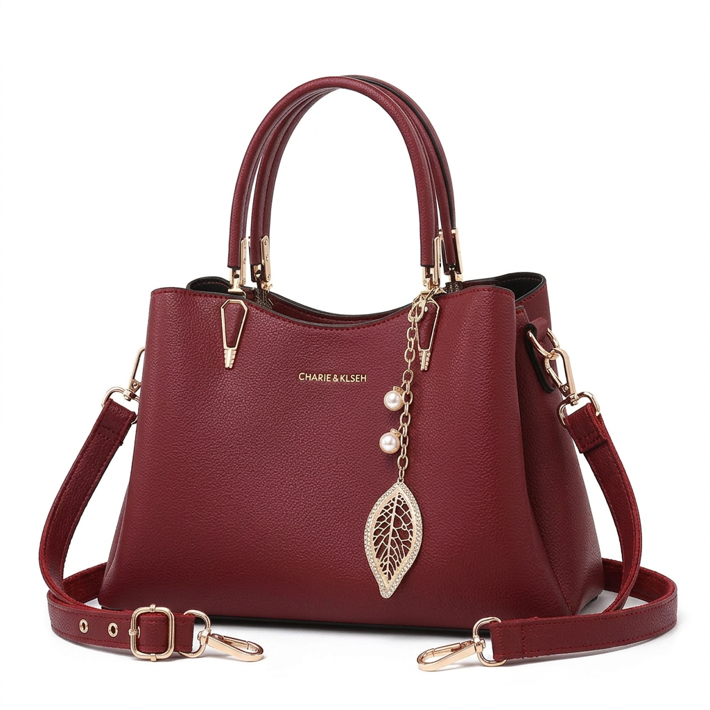 Sac à main rouge bordeaux avec bijou feuille et perles sur fond blanc