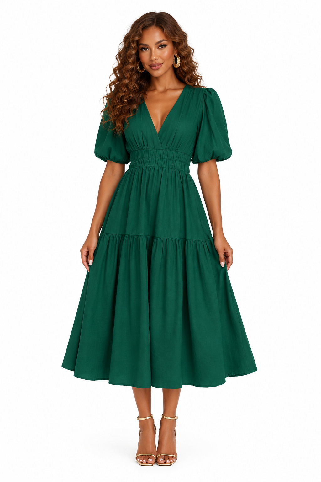 Robe midi vert foncé à manches bouffantes portée de face