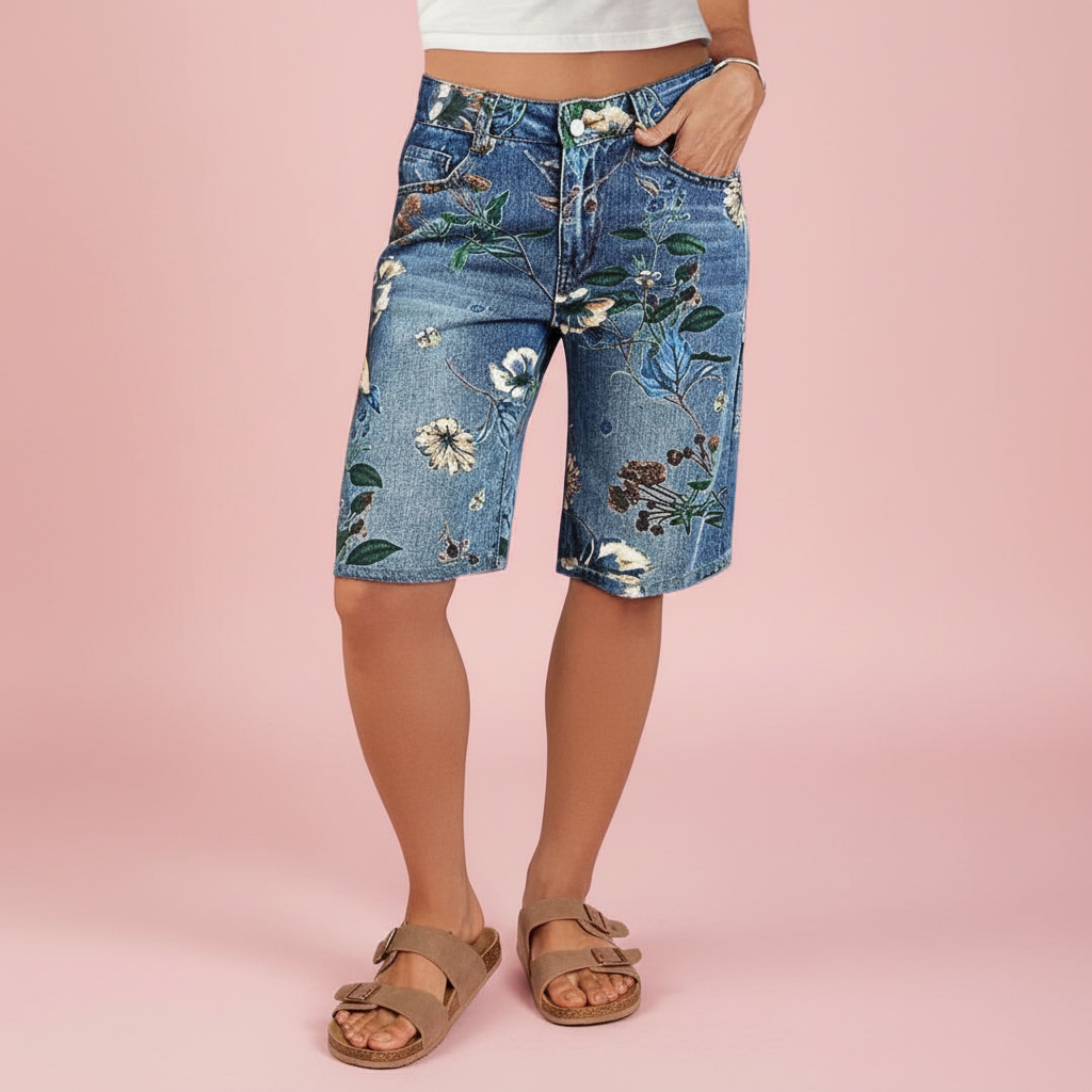 Short floral denim fond rose pastel 1