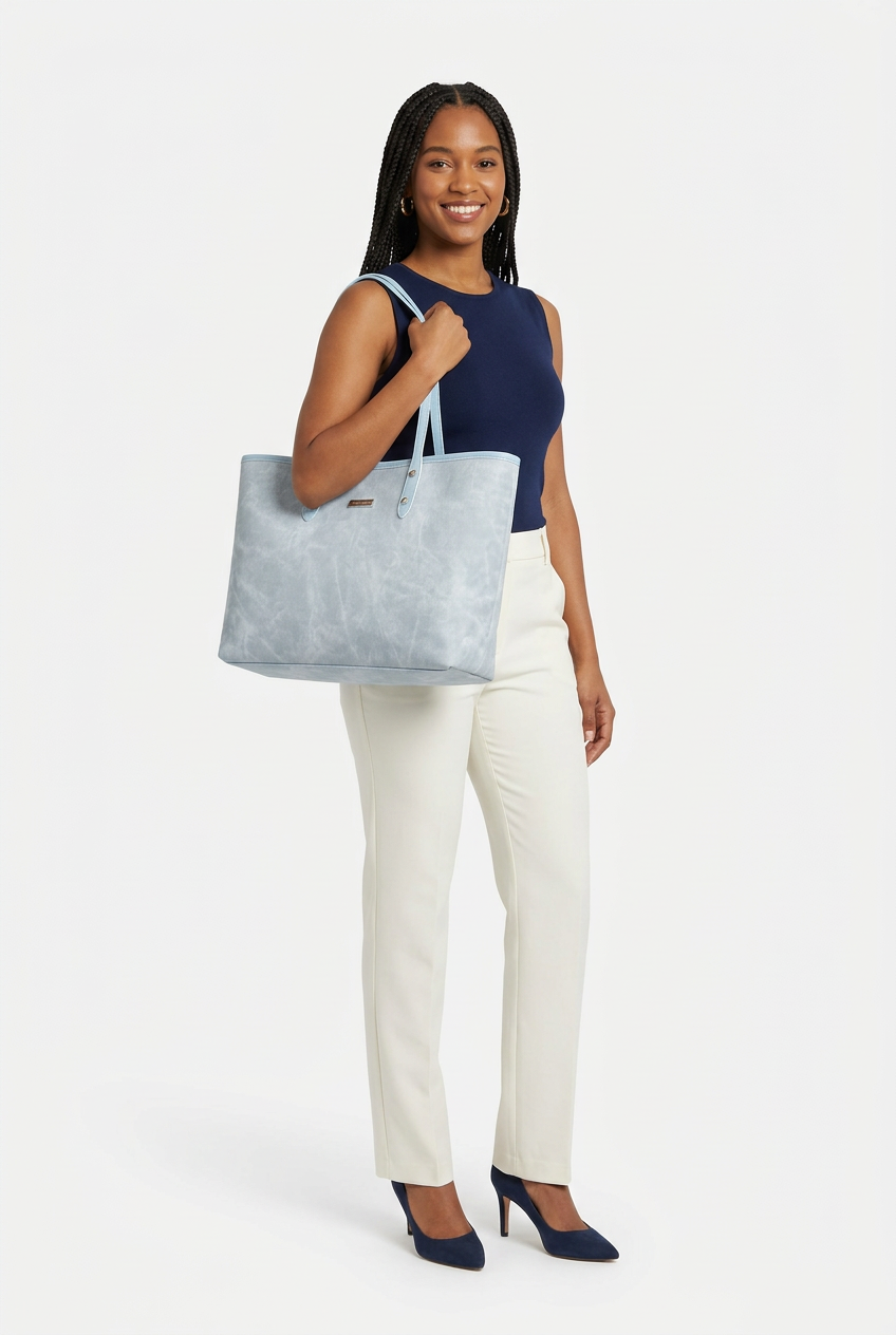 Sac bleu porté de face, vue corrigée sur fond studio blanc