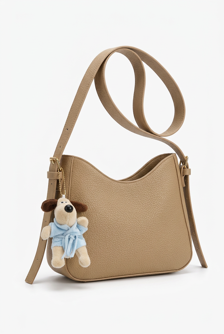 Sac beige foncé seul sur fond studio blanc