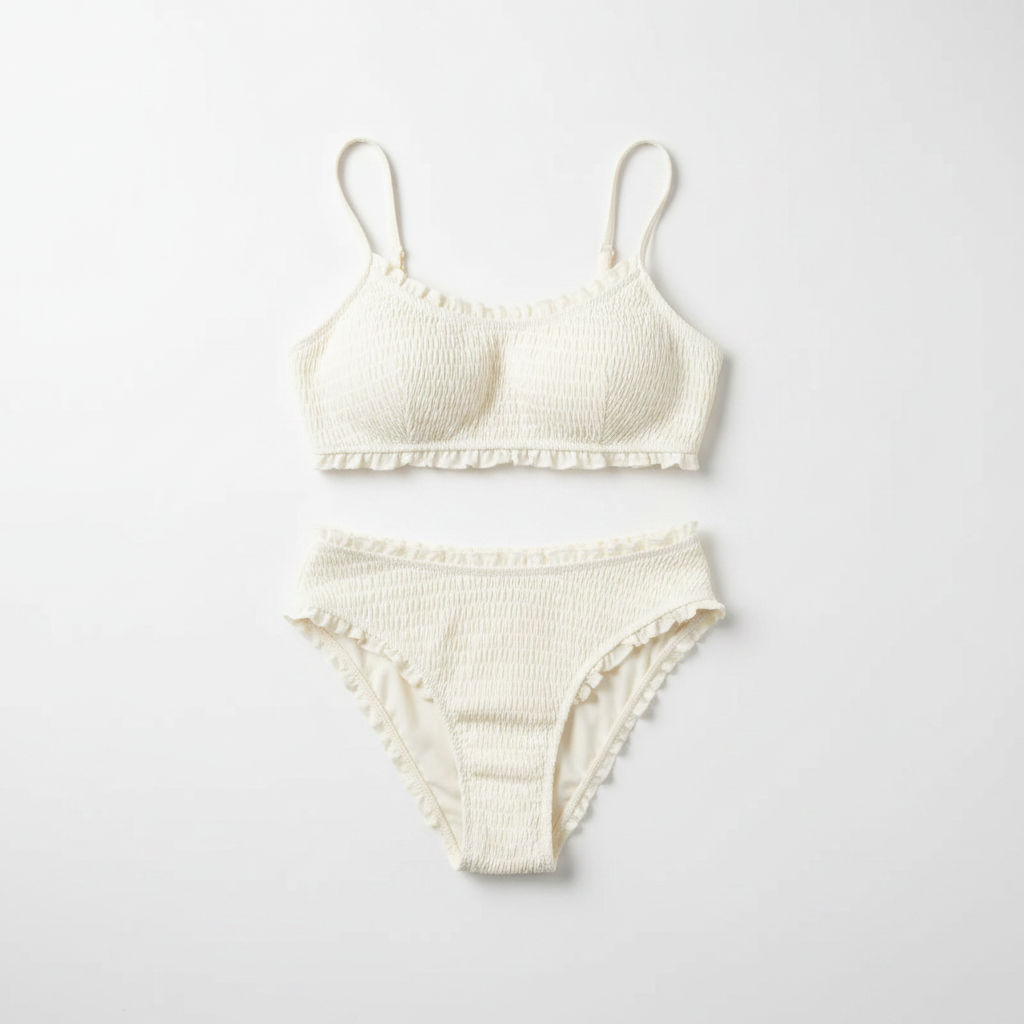 Maillot 2 pièces volants crème - flat lay studio fond blanc