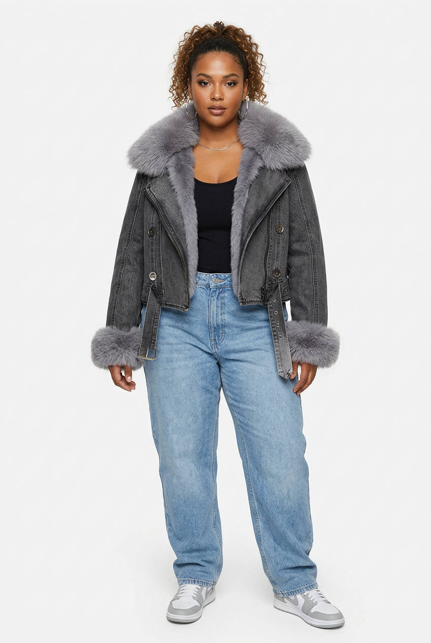 Veste en jean gris foncé à col fausse fourrure portée de face sur mannequin grande taille