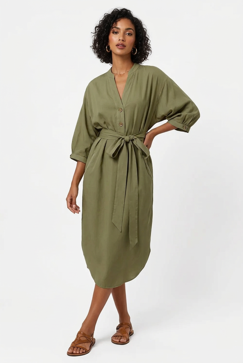 Robe Midi Col V Nouée à la Taille Grande Taille