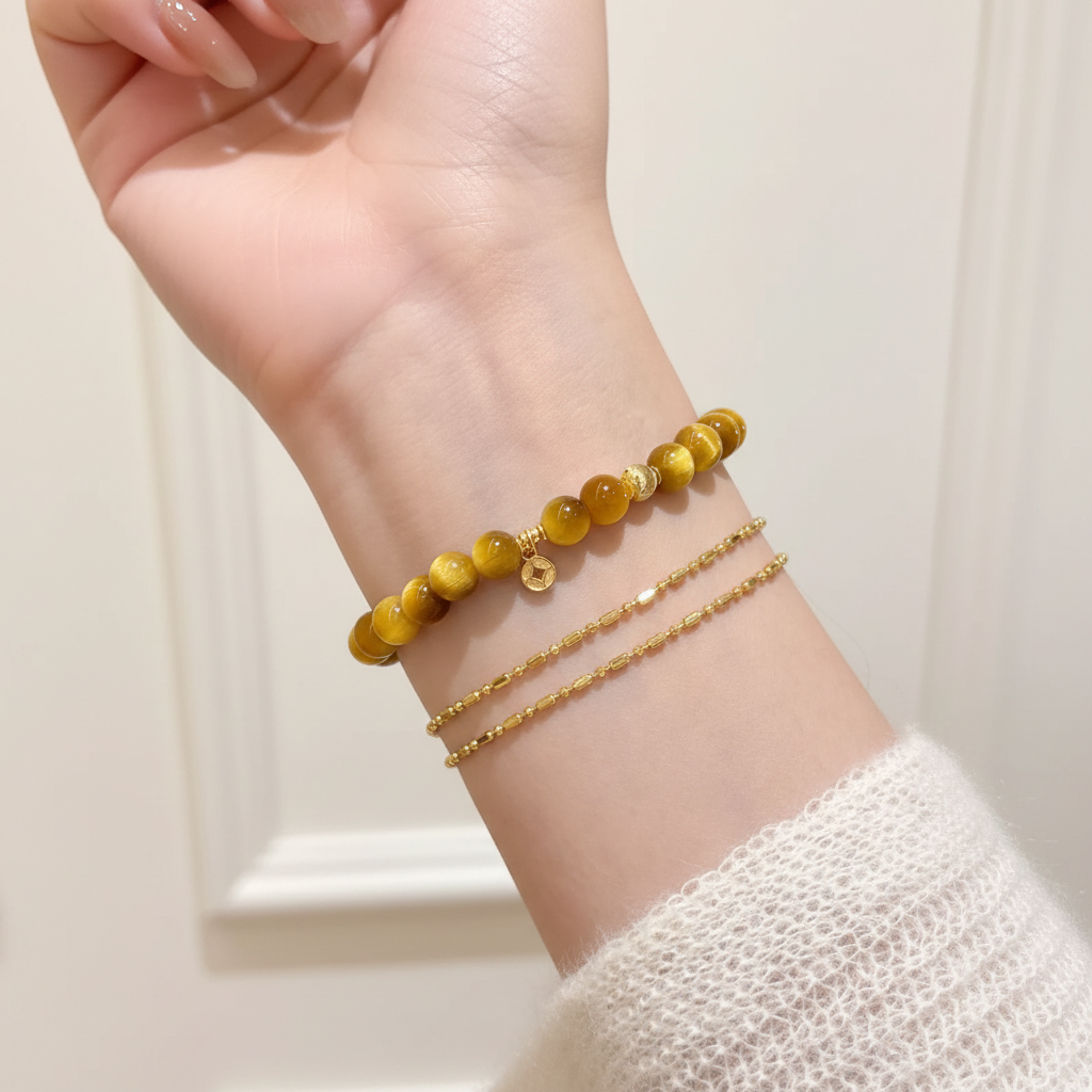 Bracelet œil de tigre - porté au poignet