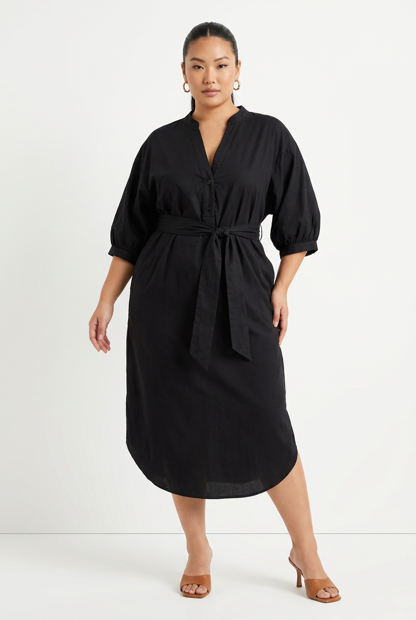 Robe Midi Col V Nouée à la Taille Grande Taille