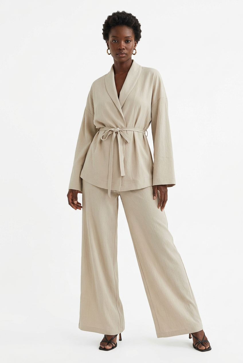 Ensemble chemise nouée et pantalon beige, face
