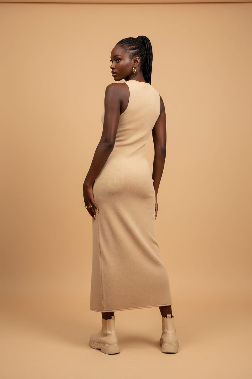 Robe Sans Manches Fente Latérale Tan – Vue dos