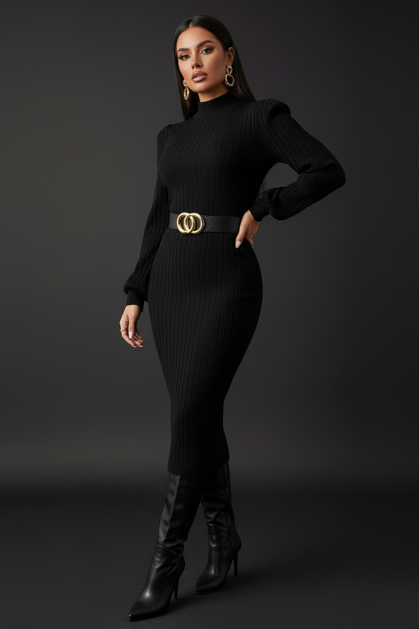 Robe Midi Bodycon Col Montant Côtelée - Noir - Vue 3/4