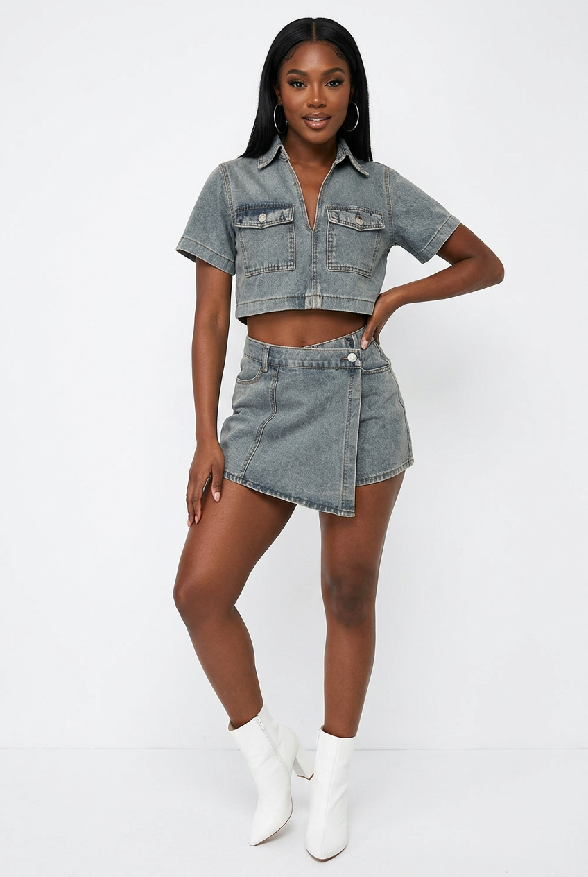 Ensemble jean bleu clair de face en pose baddie