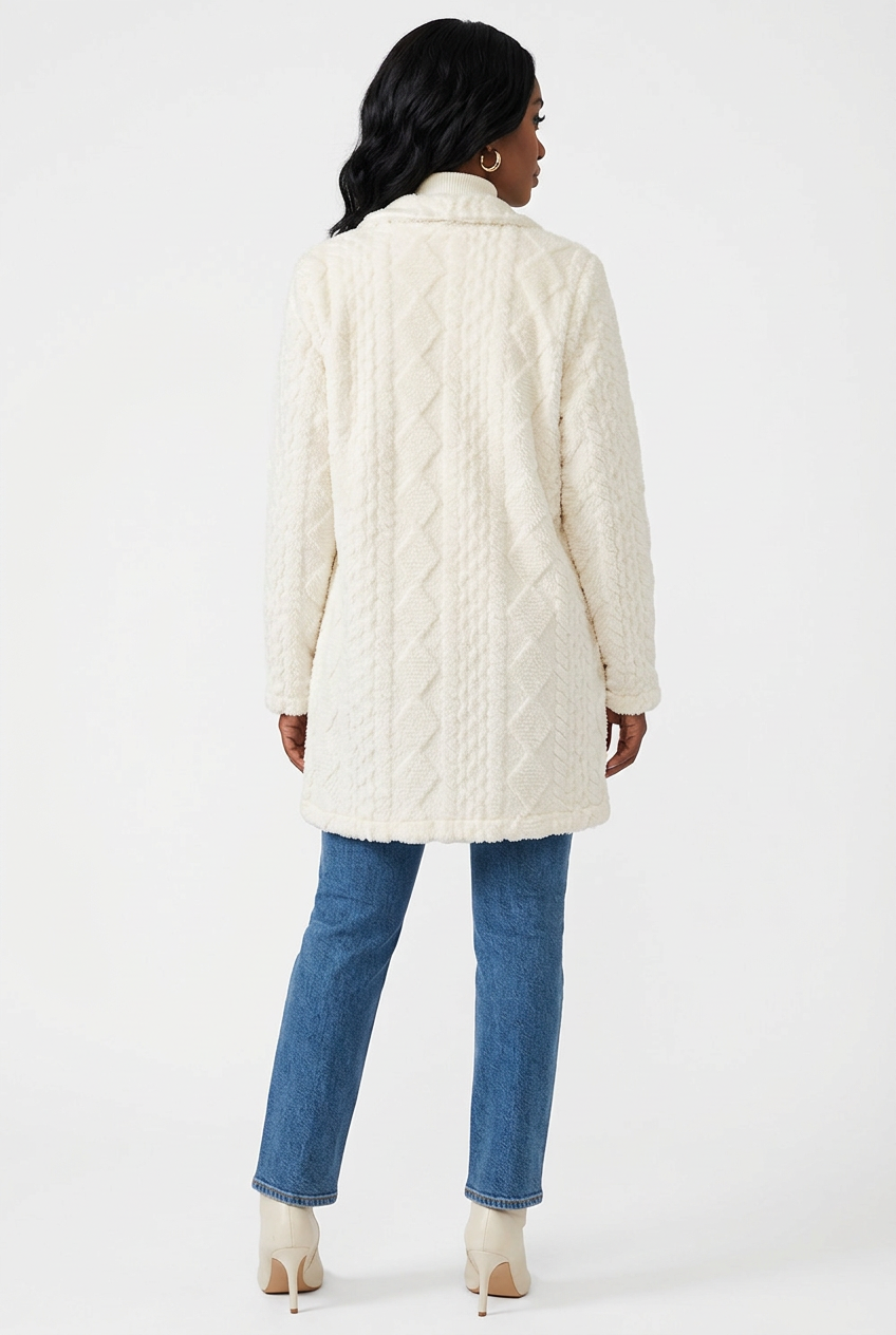 Manteau blanc écru en polaire porté de dos corps entier