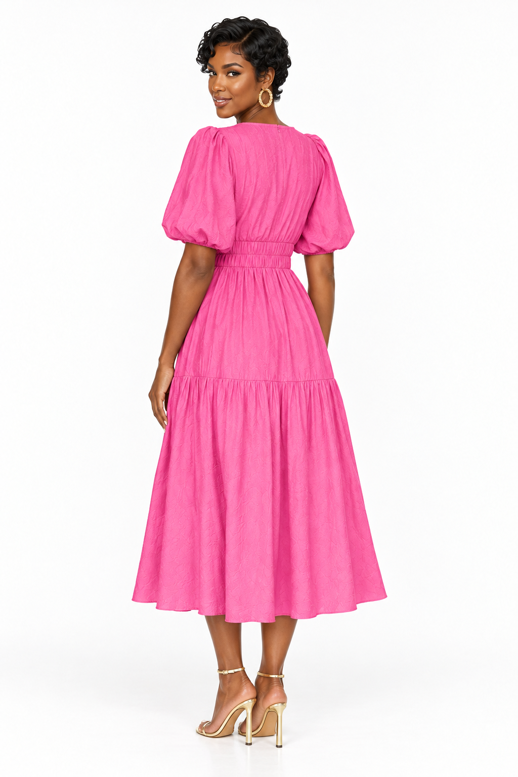 Robe midi fuchsia portée de dos