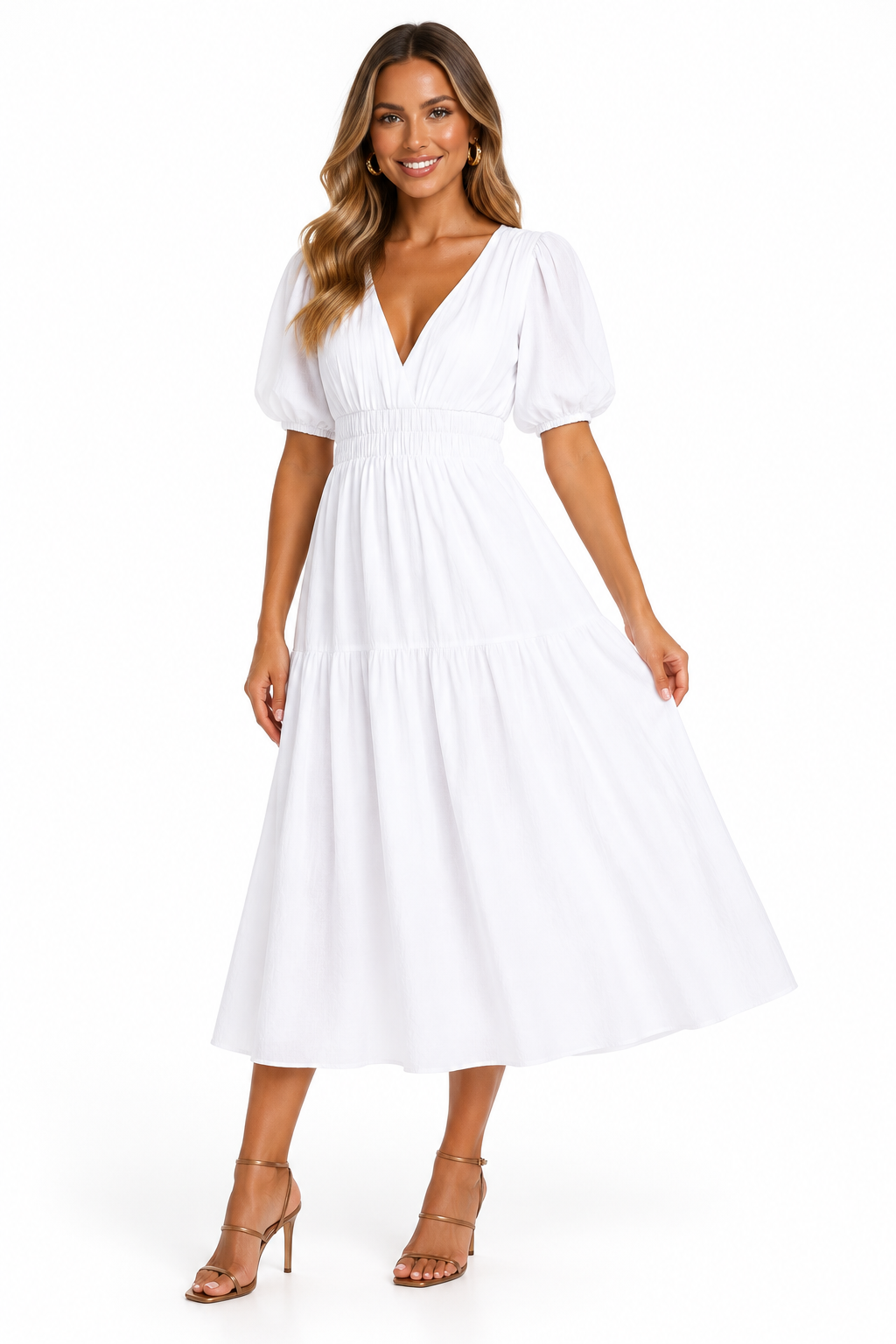 Robe midi blanche à manches bouffantes portée de face