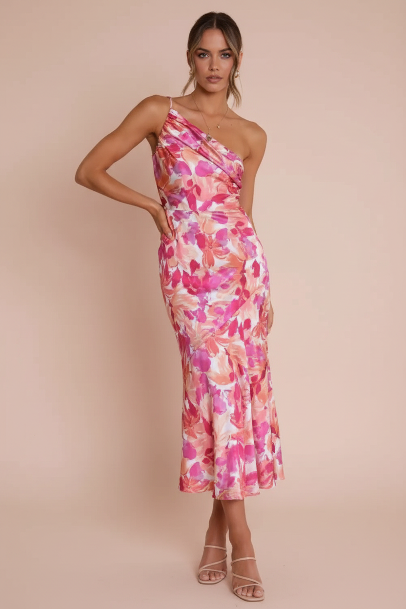 Robe Midi Froncée Imprimée Une Épaule – Rose
