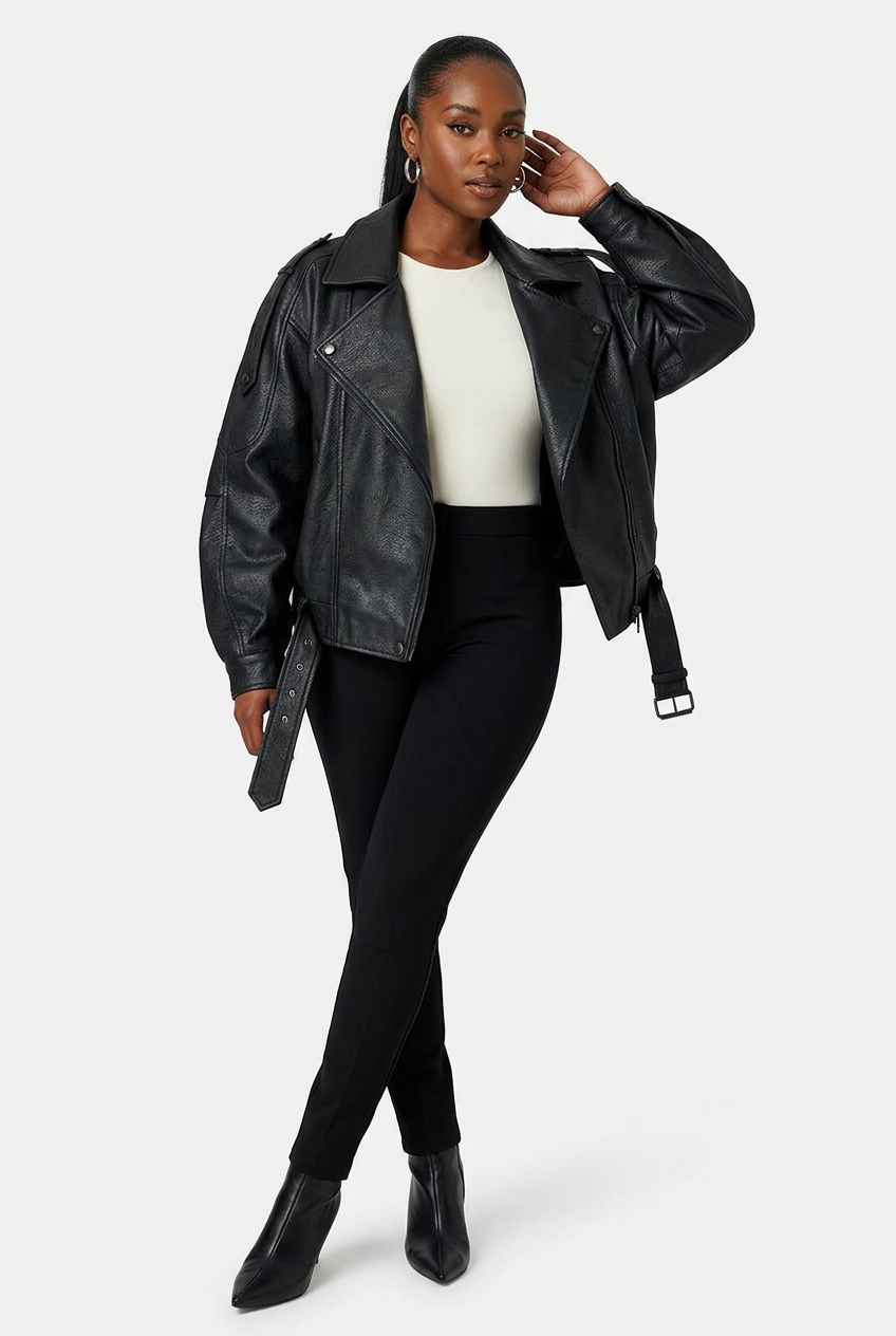 Veste zippée noire portée de trois-quarts corps entier