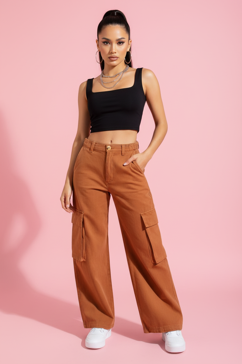 Jean cargo orange rouge mannequin corps entier face