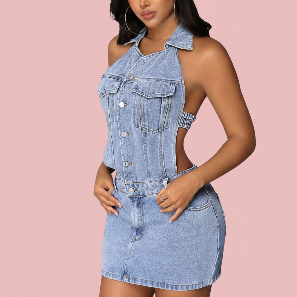 Mini robe en jean bleu fond rose pastel - vue 2