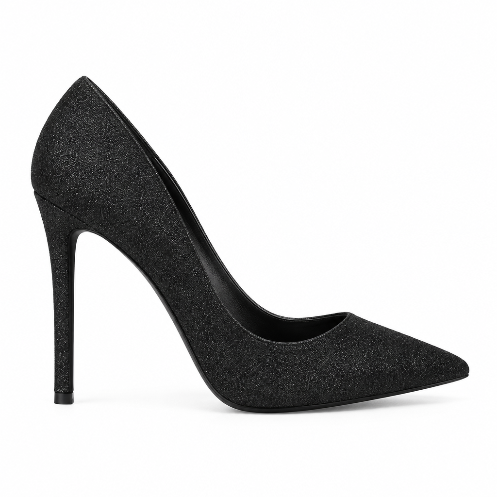 Escarpin noir pailleté à talon aiguille vu de profil