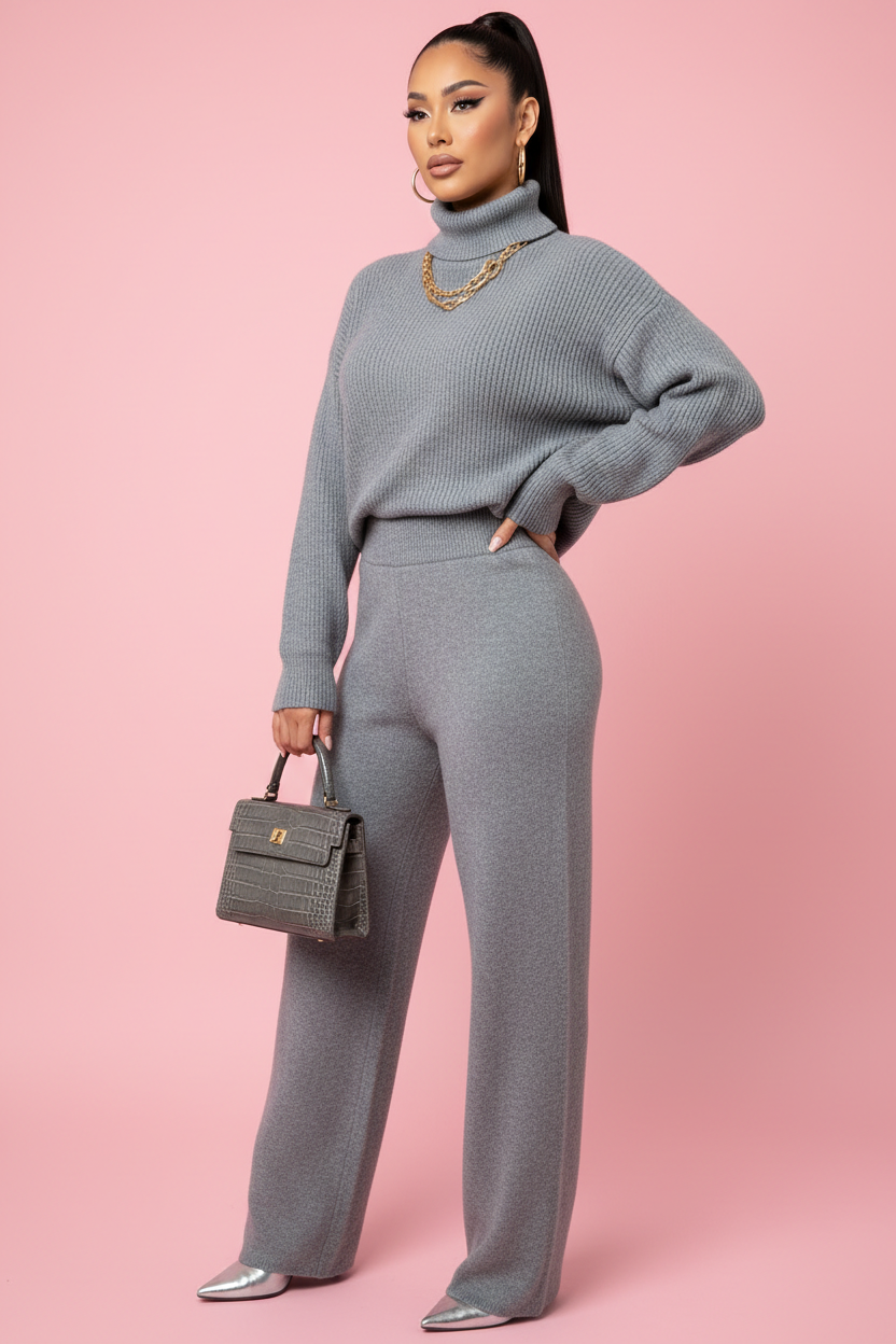Ensemble pull col roulé manches longues et pantalon gris - vue 3/4