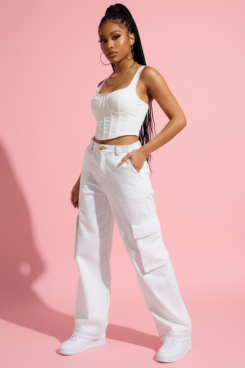 Jean cargo blanc mannequin corps entier 3/4