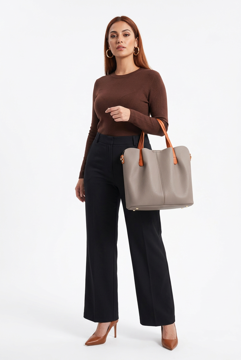 Sac gris à anses contrastées porté sur mannequin corps entier
