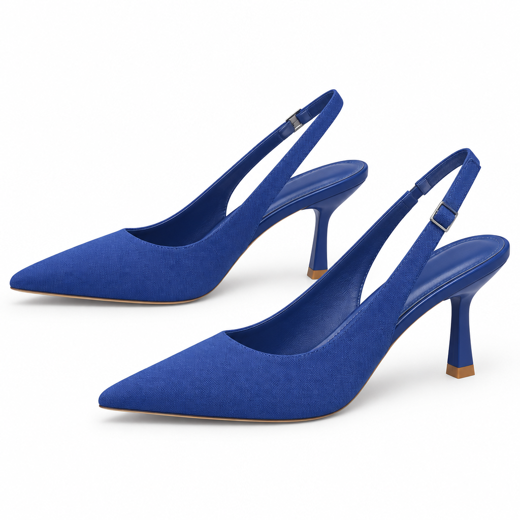 Escarpins bleus seuls, vue trois quarts