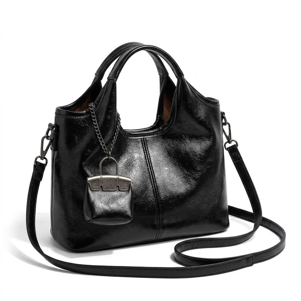 Sac bandoulière noir avec bijou de sac seul en vue de trois-quarts