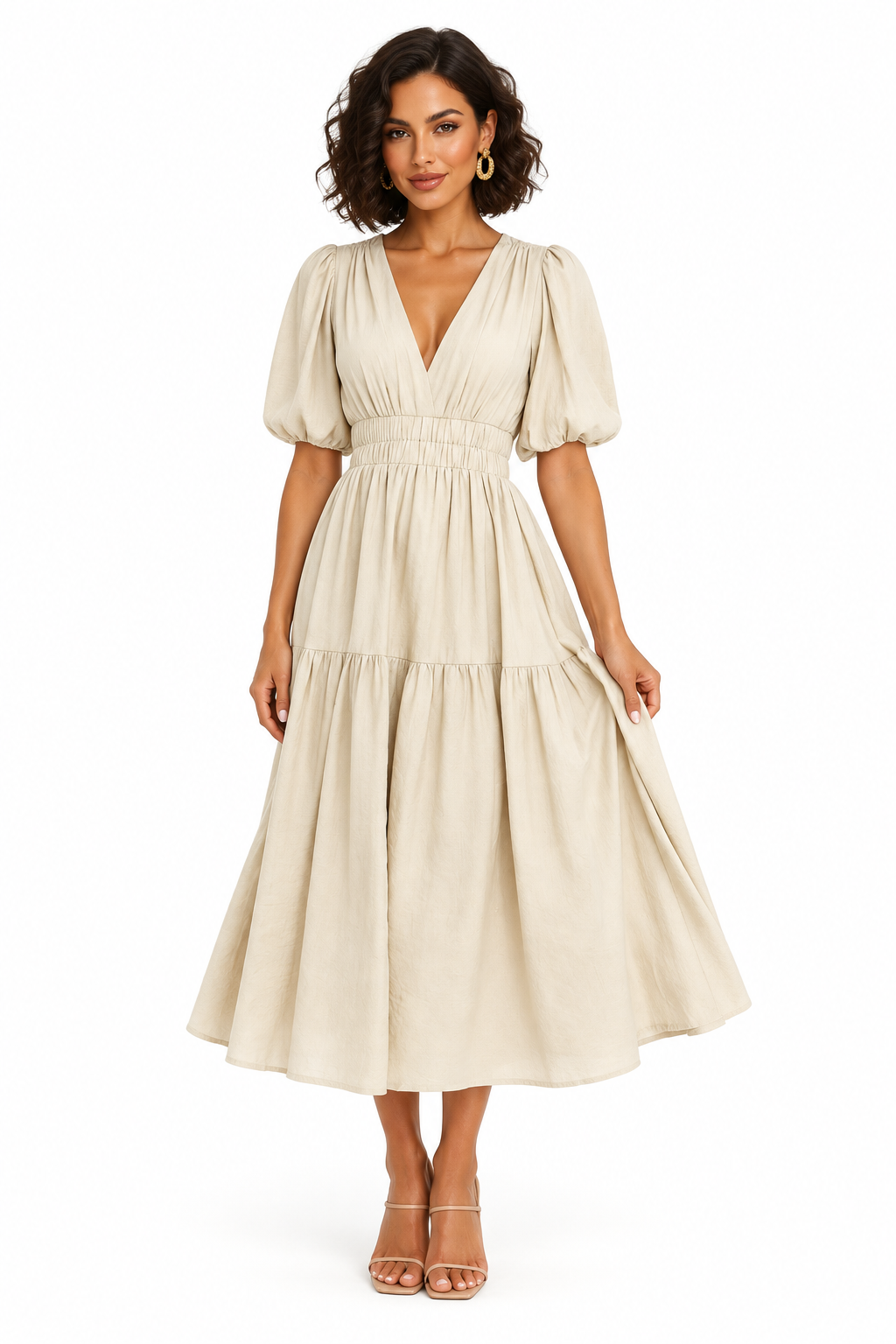 Robe midi beige à manches bouffantes portée de face