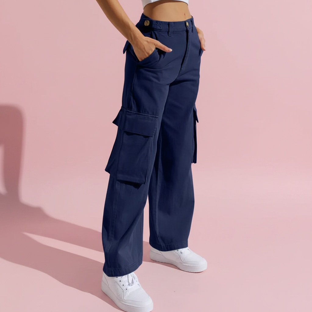 Jean cargo jambe large bleu fond rose