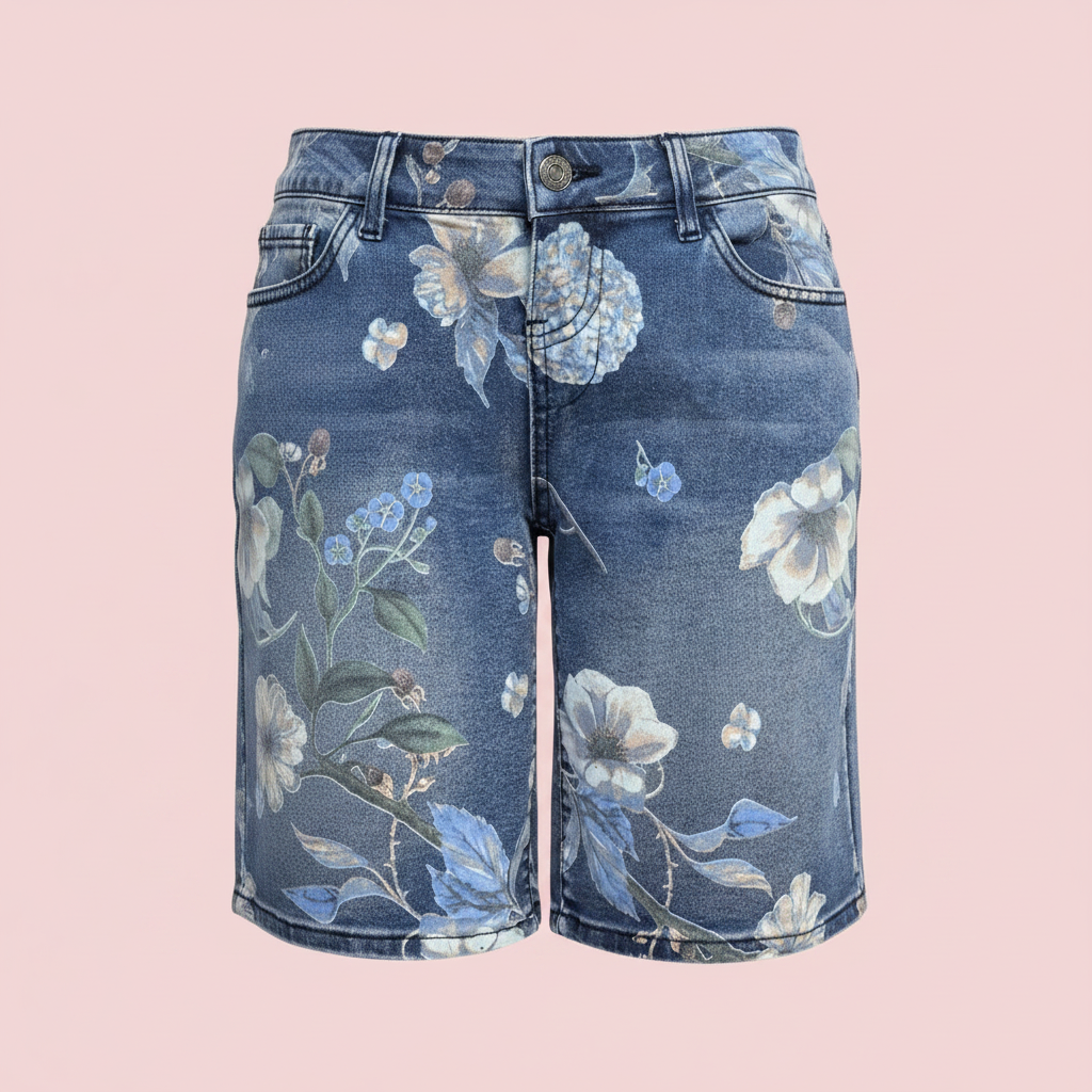 Short floral denim fond rose pastel 6