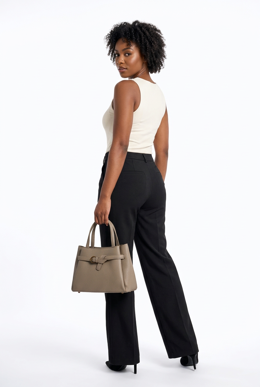 Sac sable porté en pose de dos sur fond studio blanc