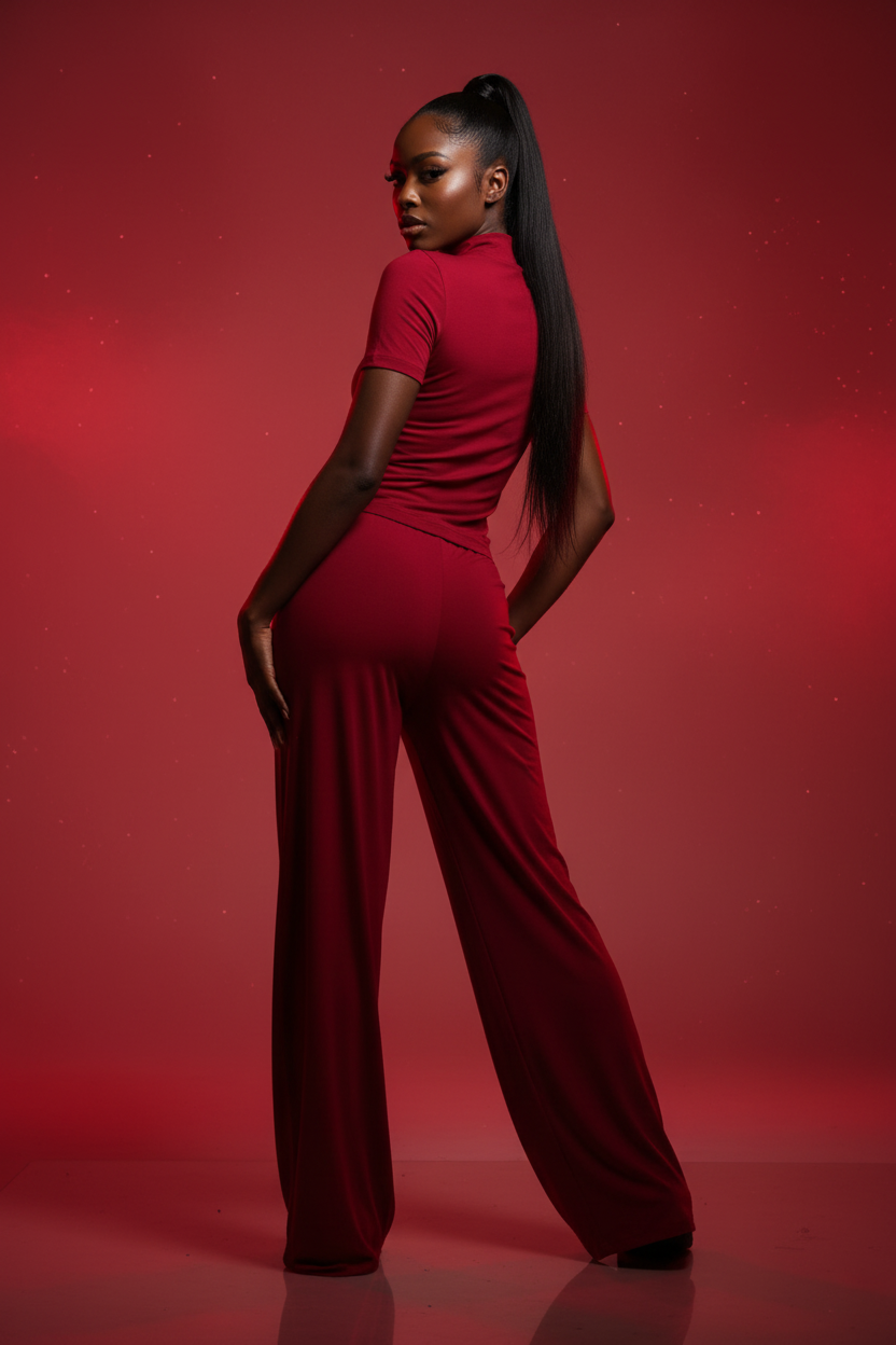 Ensemble Col Montant & Pantalon Red – Vue dos