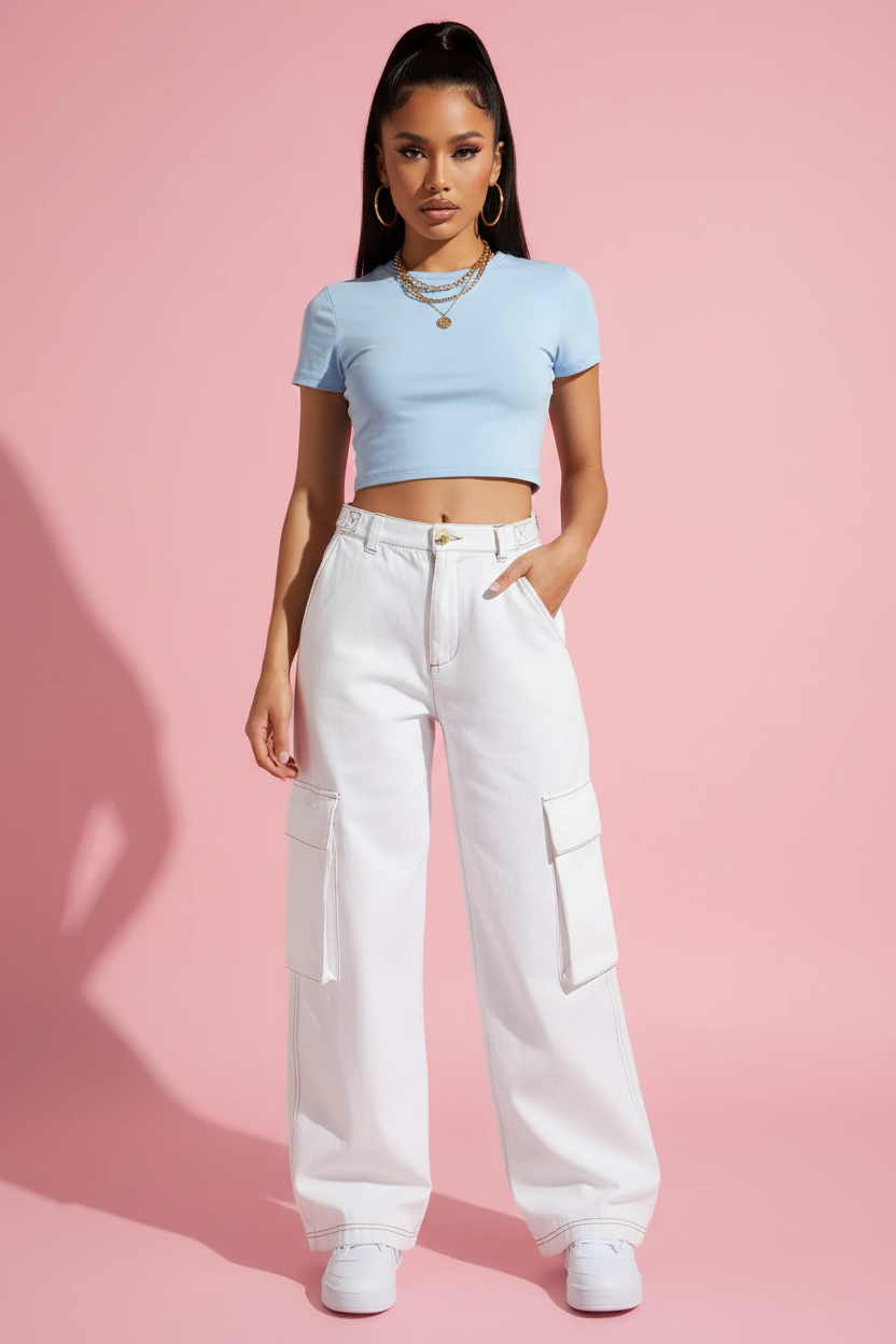 Jean cargo blanc mannequin corps entier face
