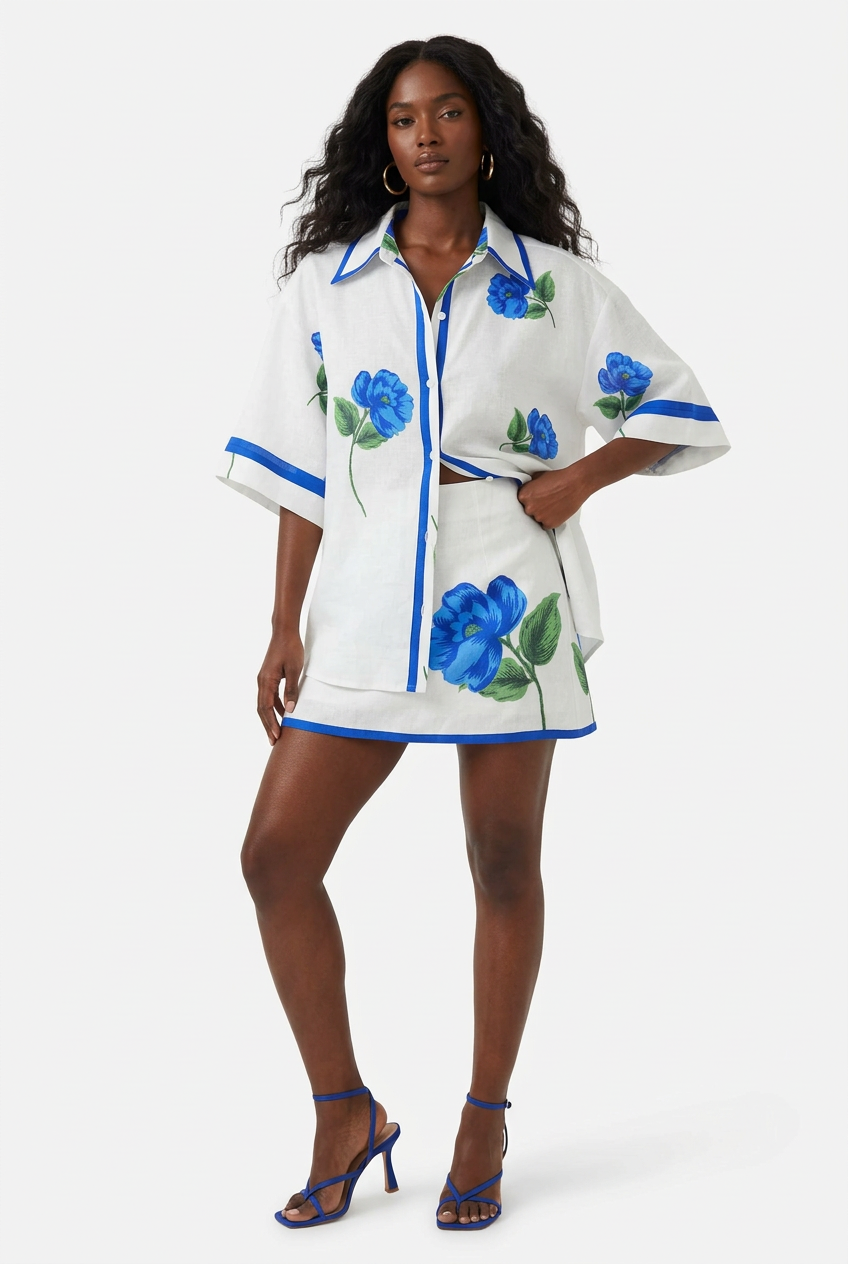 Ensemble chemise fleurie et mini jupe bleu et blanc porté de face en pose baddie corps entier