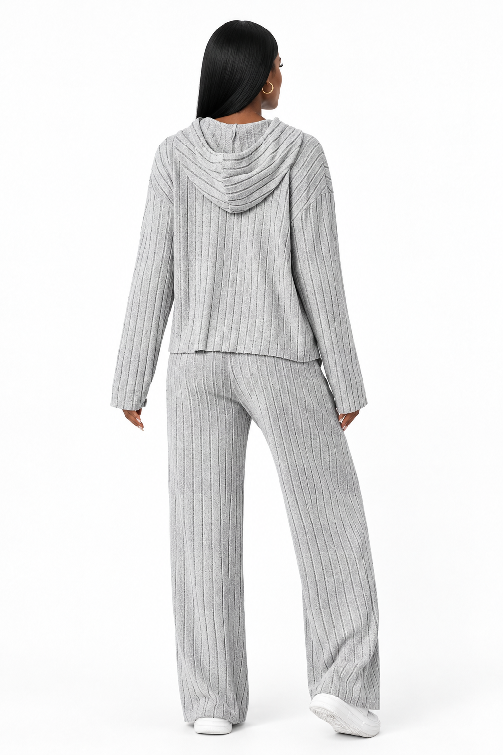 Ensemble côtelé gris clair porté de dos sur mannequin